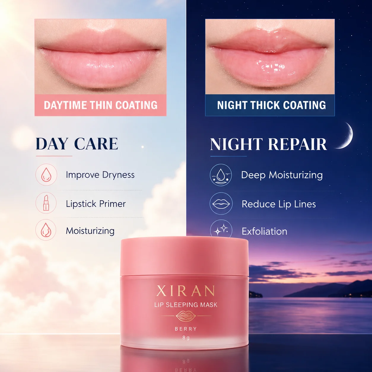 Pink jar of Xiran lip sleeping mask with benefits highlighted for daytime care and nighttime repair, featuring soft, moisturized lips.